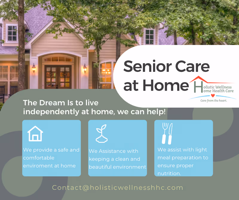 Exterior view of a senior care facility entrance with a promotional overlay.