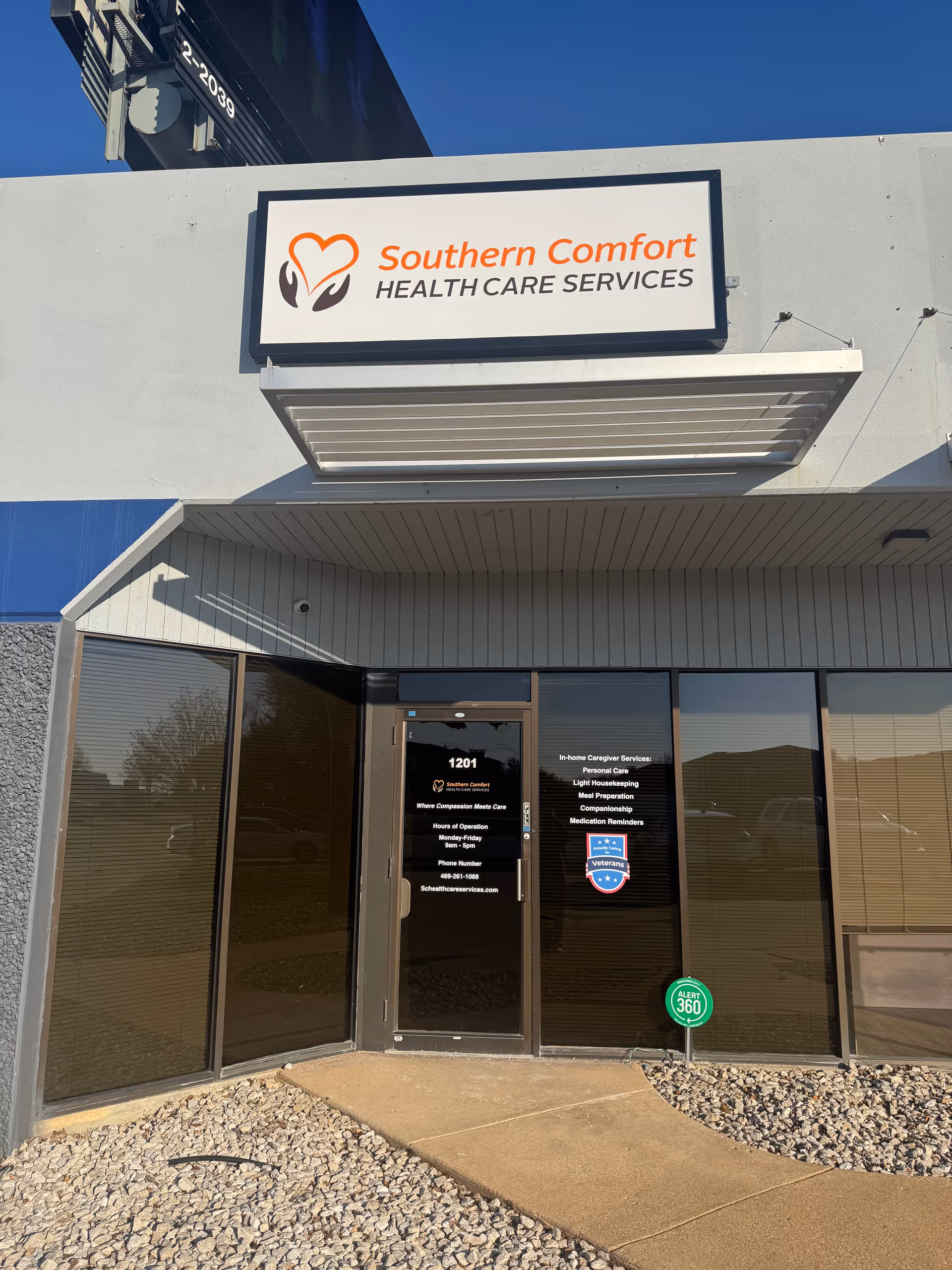 Exterior view of a building front with a Southern Comfort Health Care Services sign.