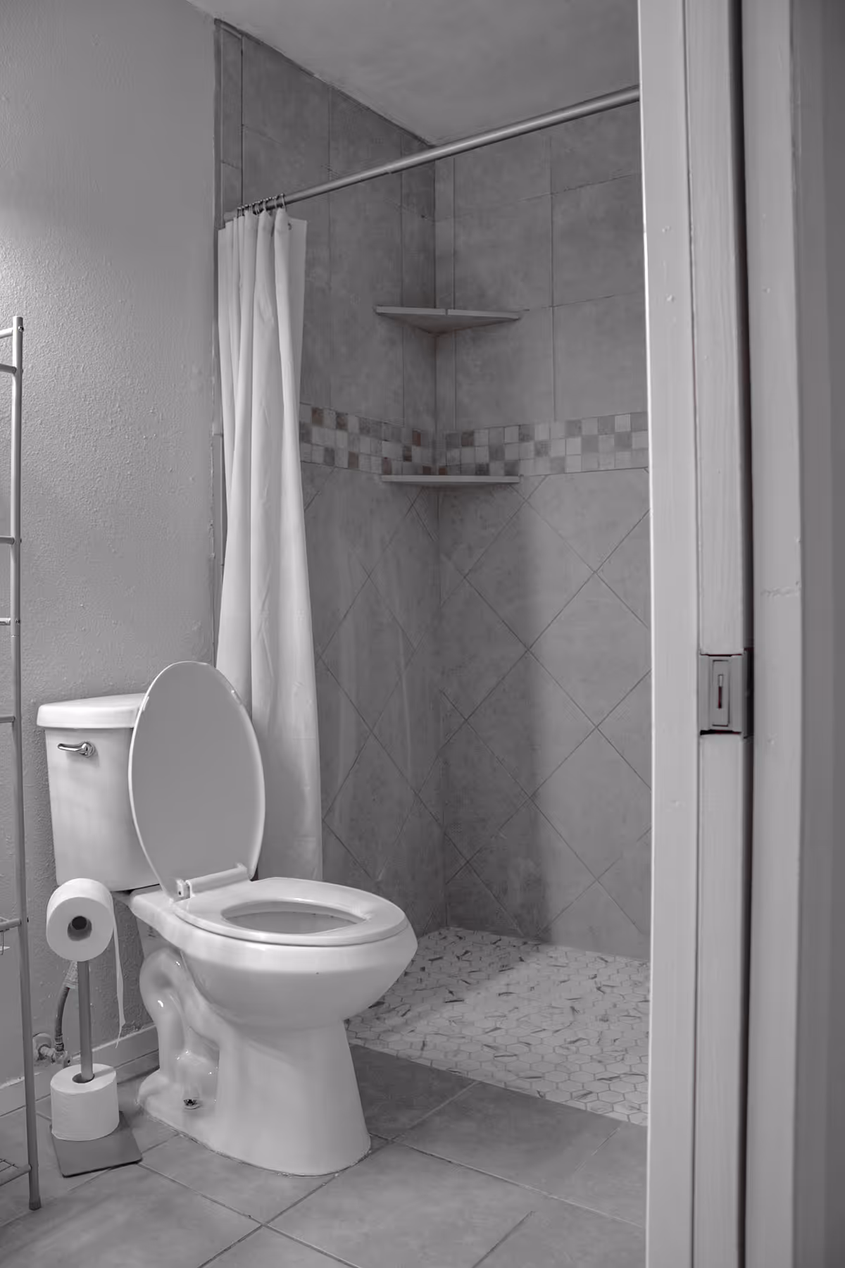 Black-and-white bathroom interior with toilet, shower curtain, tiled walls, and accessories.