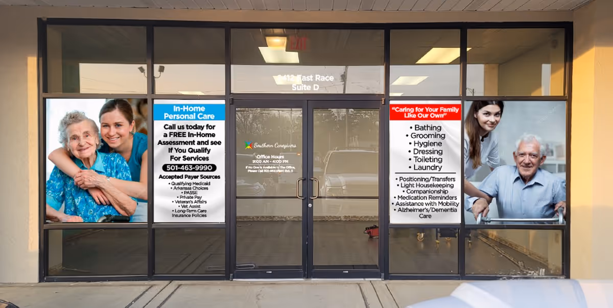 Exterior storefront for Southern Caregivers of Searcy with promotional posters visible.