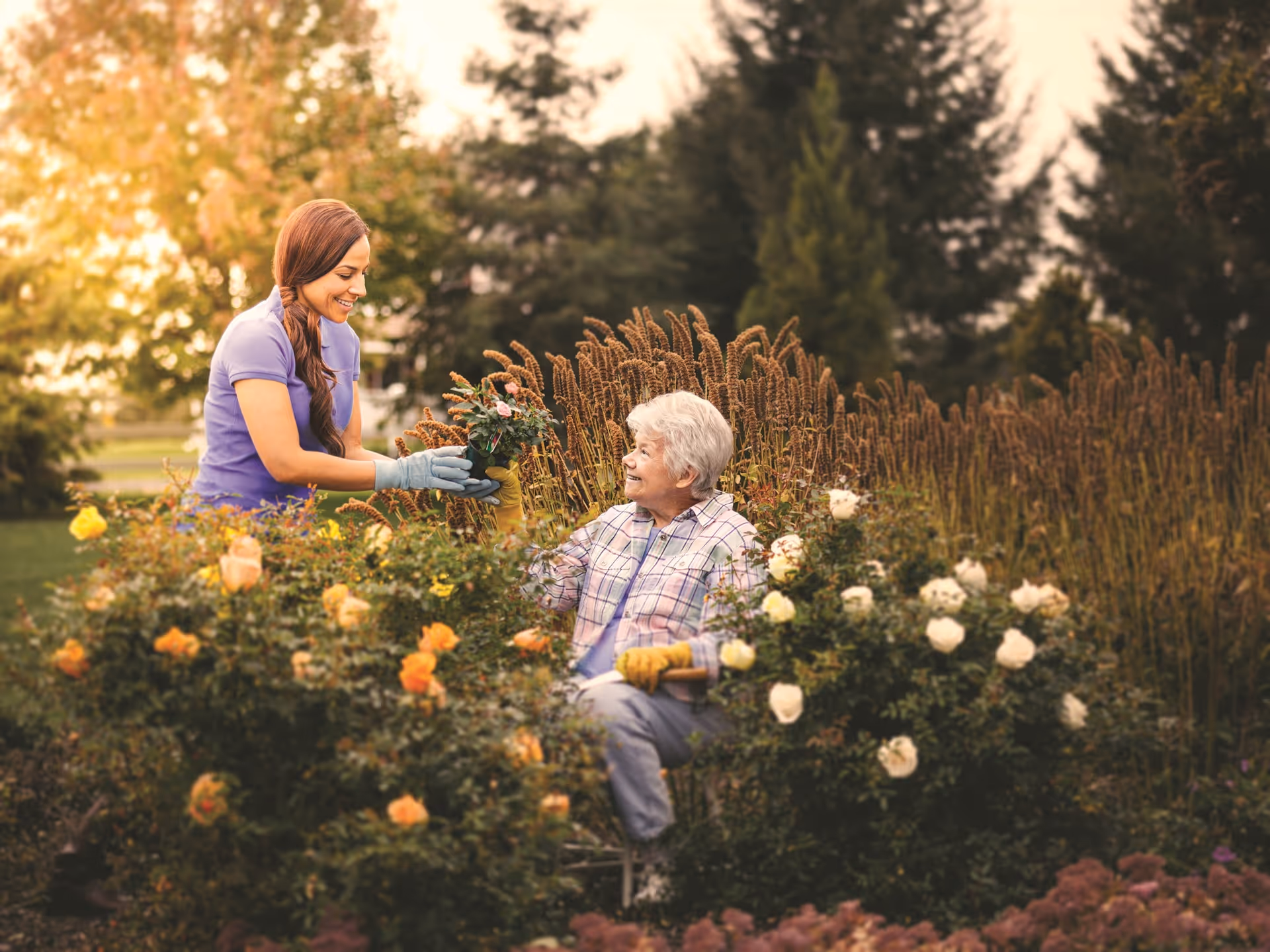 Friendly caregiver hands a plant to an elderly resident in a blooming outdoor garden.