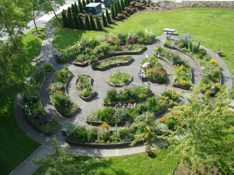 A circular garden with winding stone paths, flower beds, and benches in a grassy yard.