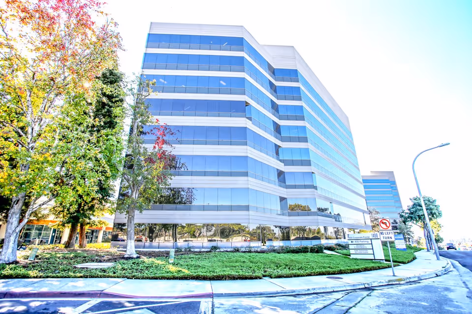 Modern glass exterior of a multi-story building with trees and a curved street in front.