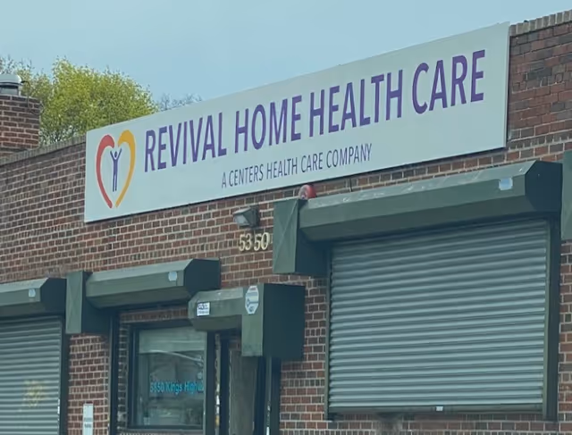 Brick exterior with a Revival Home Health Care sign above entrance.