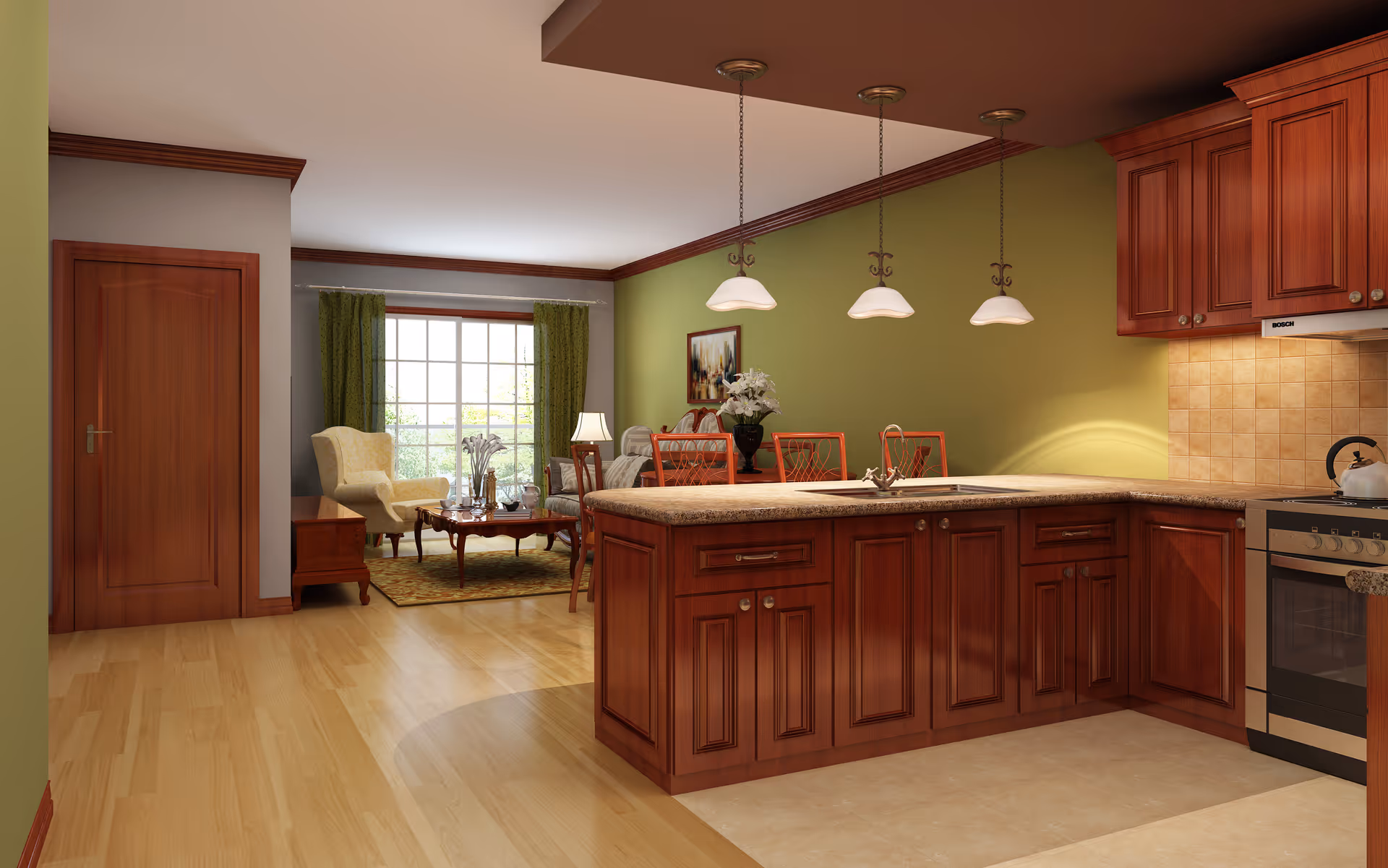 A spacious kitchen and living room area with wooden cabinetry and a large island countertop. The kitchen features a stove with a kettle, pendant lights hanging above the island, and a tiled backsplash. The living room has a window with green curtains, a beige armchair, a wooden coffee table with decorative items, and a lamp on a side table. The walls are painted green and the floor is a combination of wood and tile.