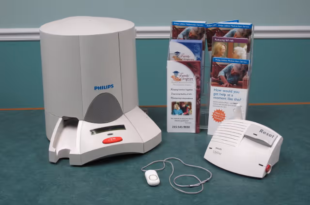 Philips medical device with brochures on a facility floor.