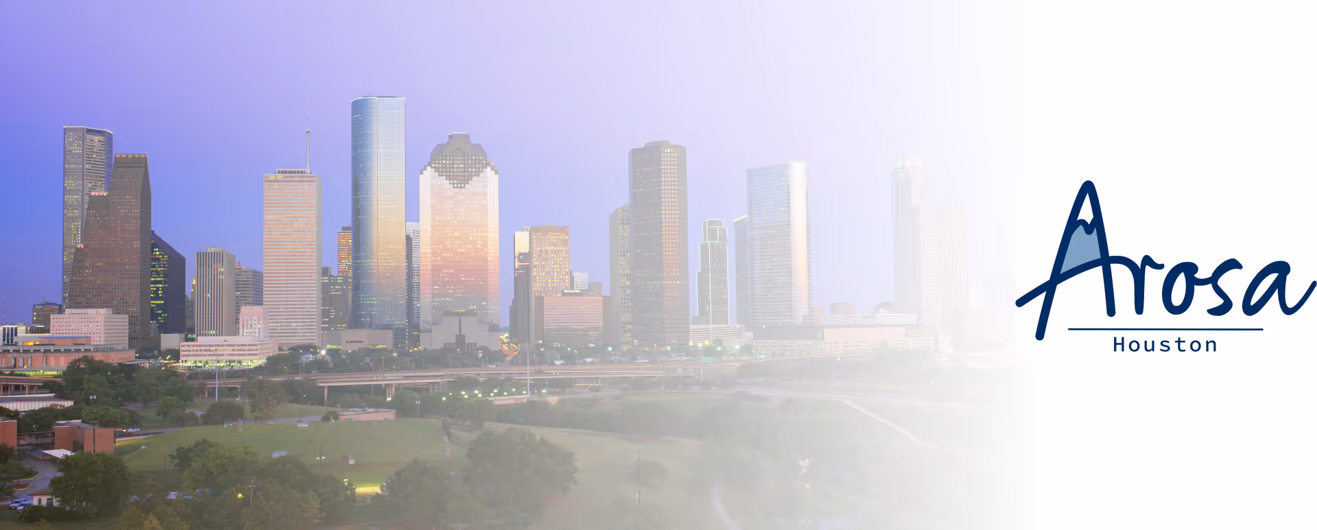 City skyline with gradient overlay and Arosa Houston logo on the right