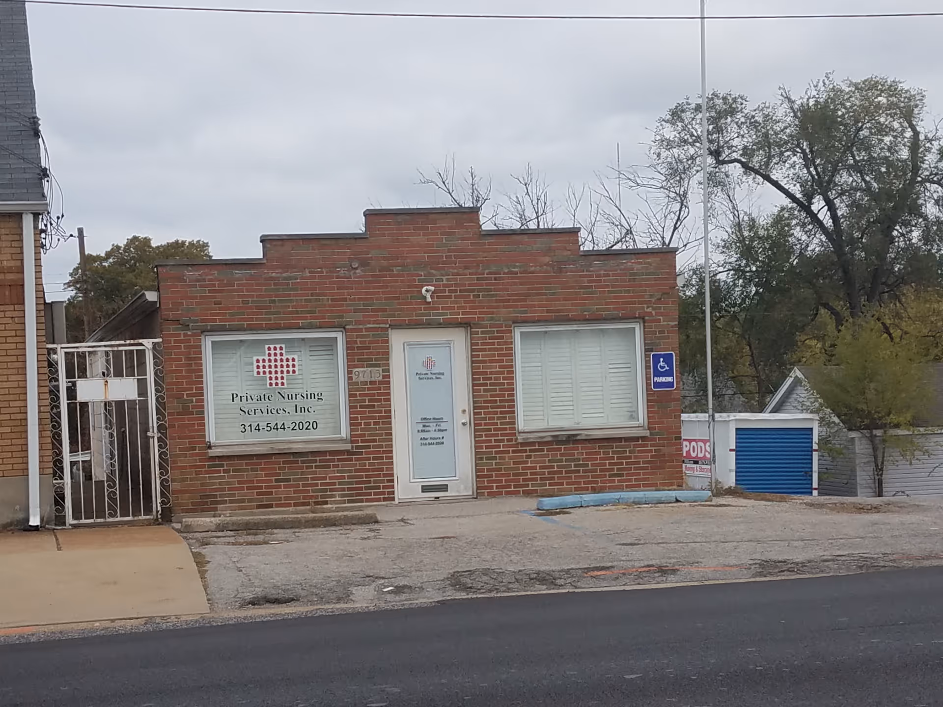 Small brick building with two windows, a door, and a sign reading Private Nursing Services, Inc.