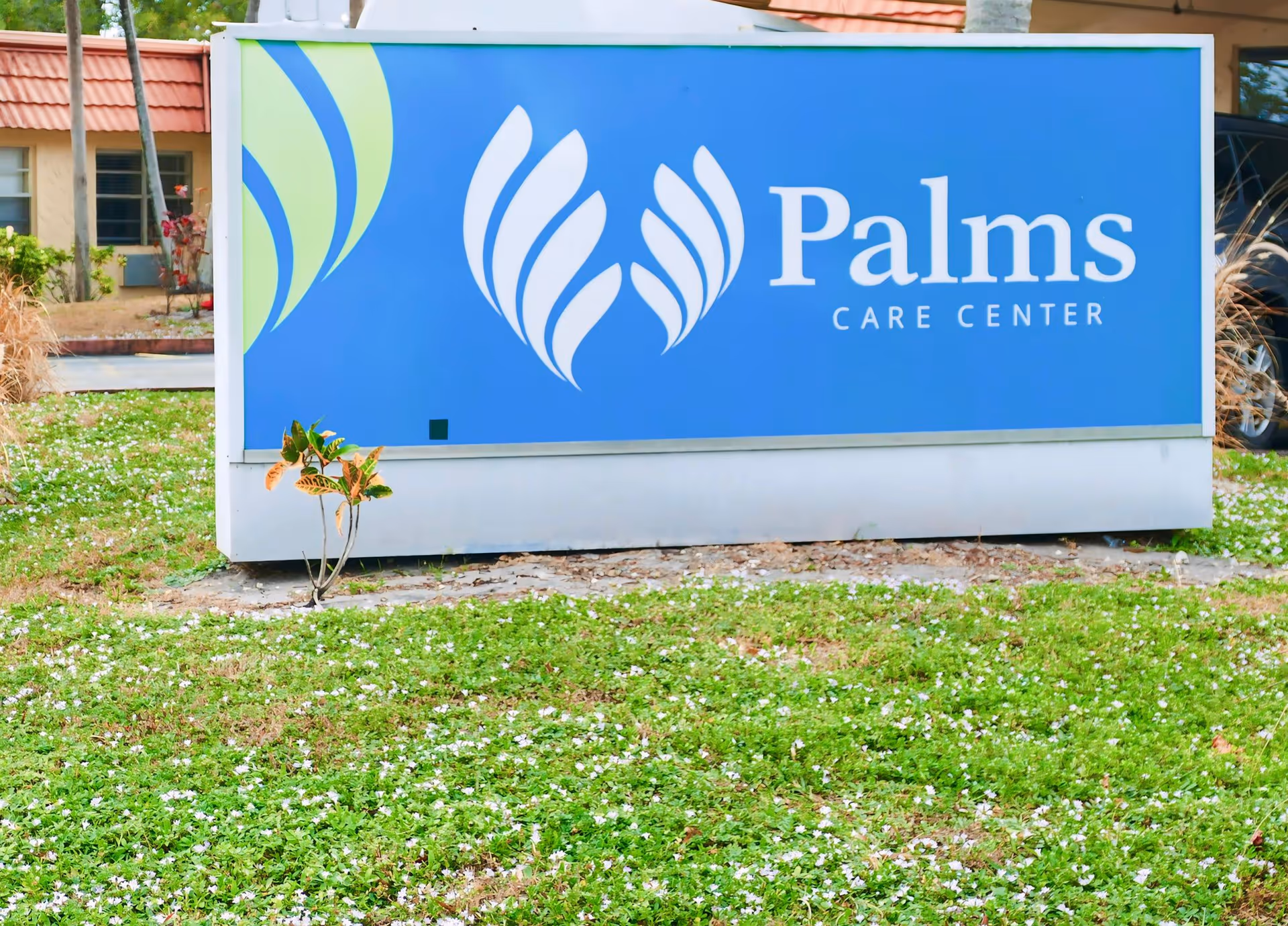 A blue outdoor sign reading "Palms Care Center" sits on a grassy lawn in front of a building.