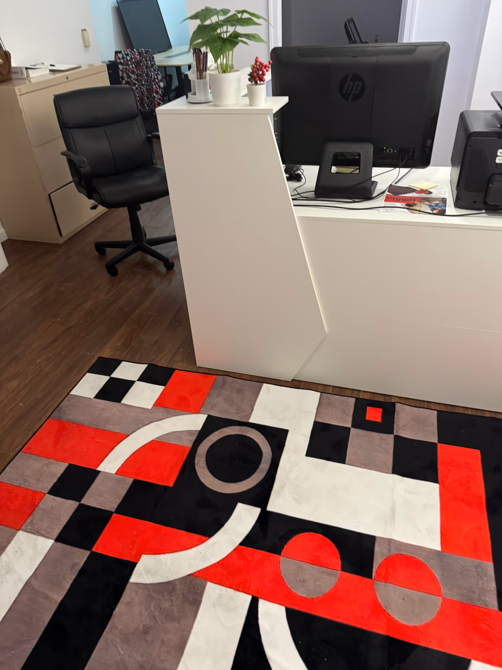Reception desk with computer monitor, black chair, plant, and geometric patterned rug in an office.