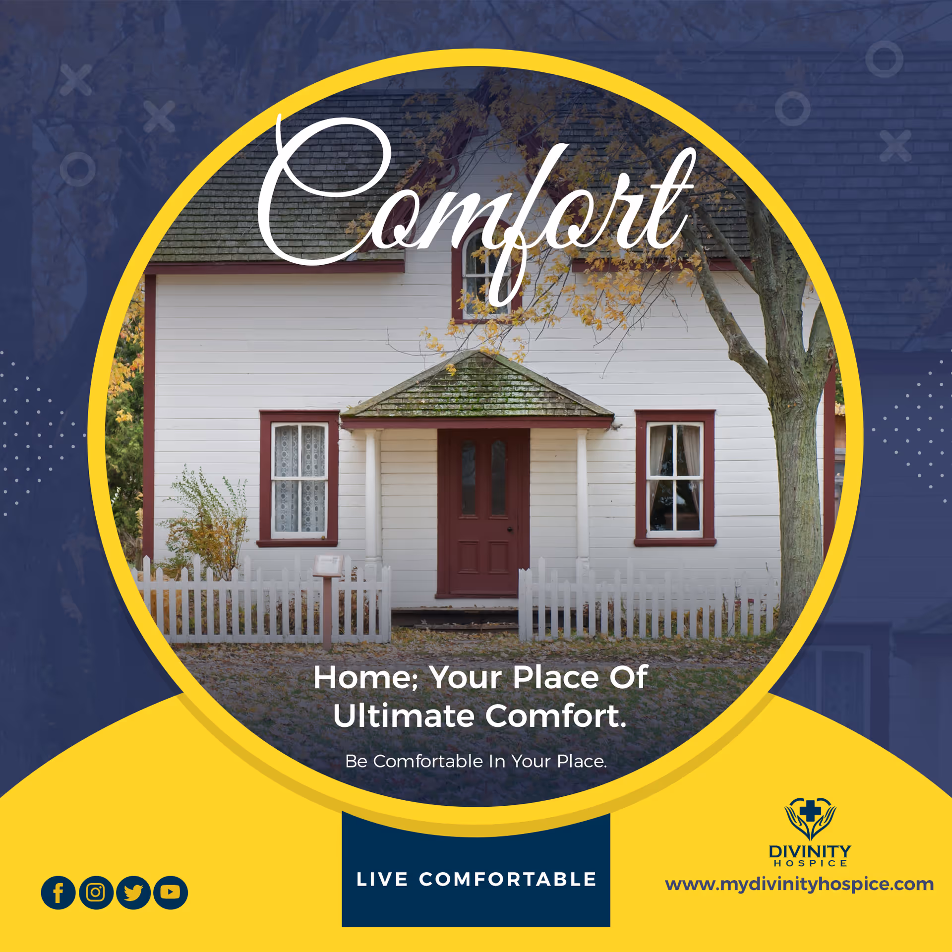 White house with red trim and picket fence framed by a yellow circle on blue background