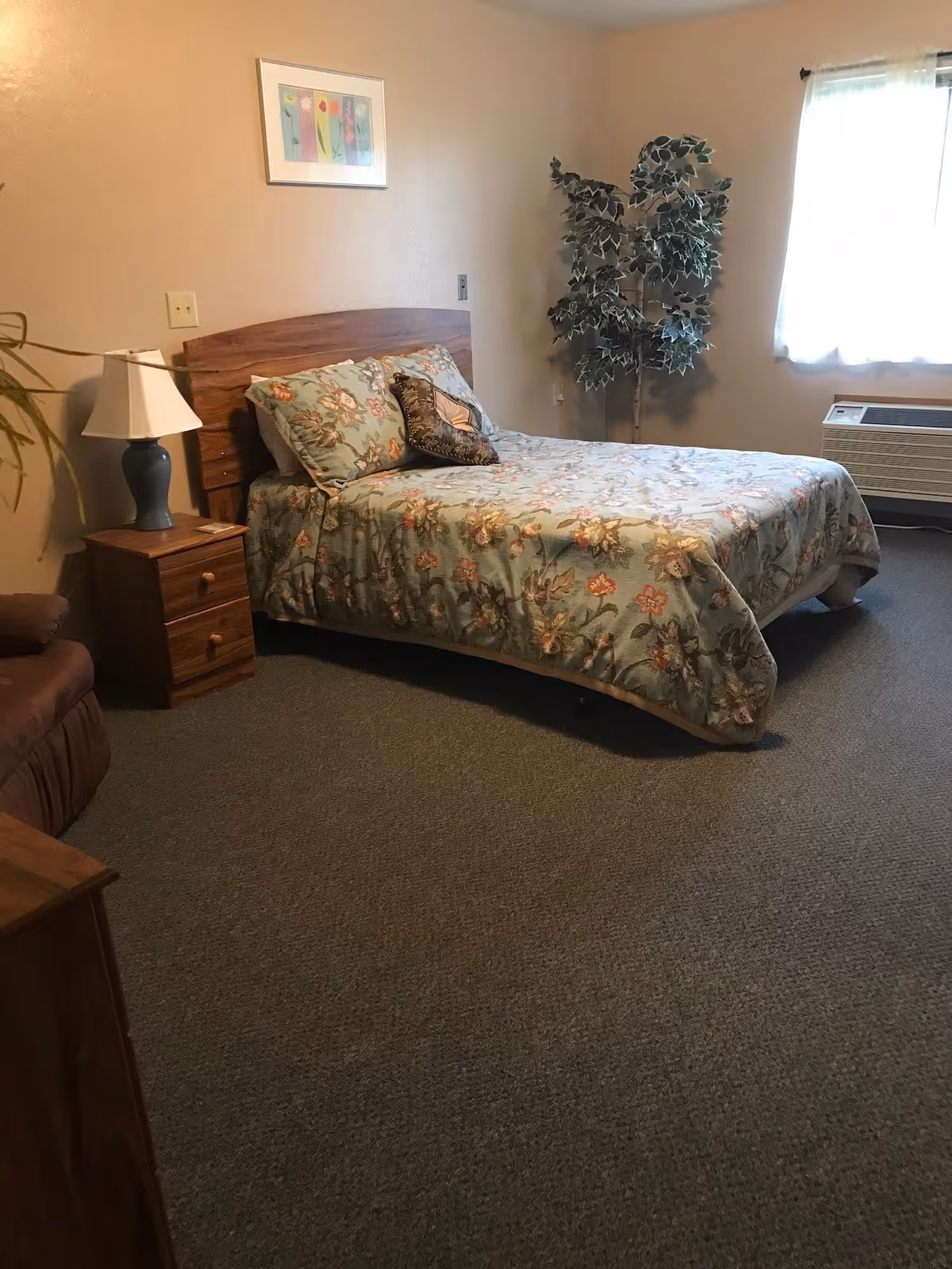 A simple furnished bedroom with a double bed covered in a floral bedspread, a nightstand with a lamp, a potted plant, and a window air conditioner.