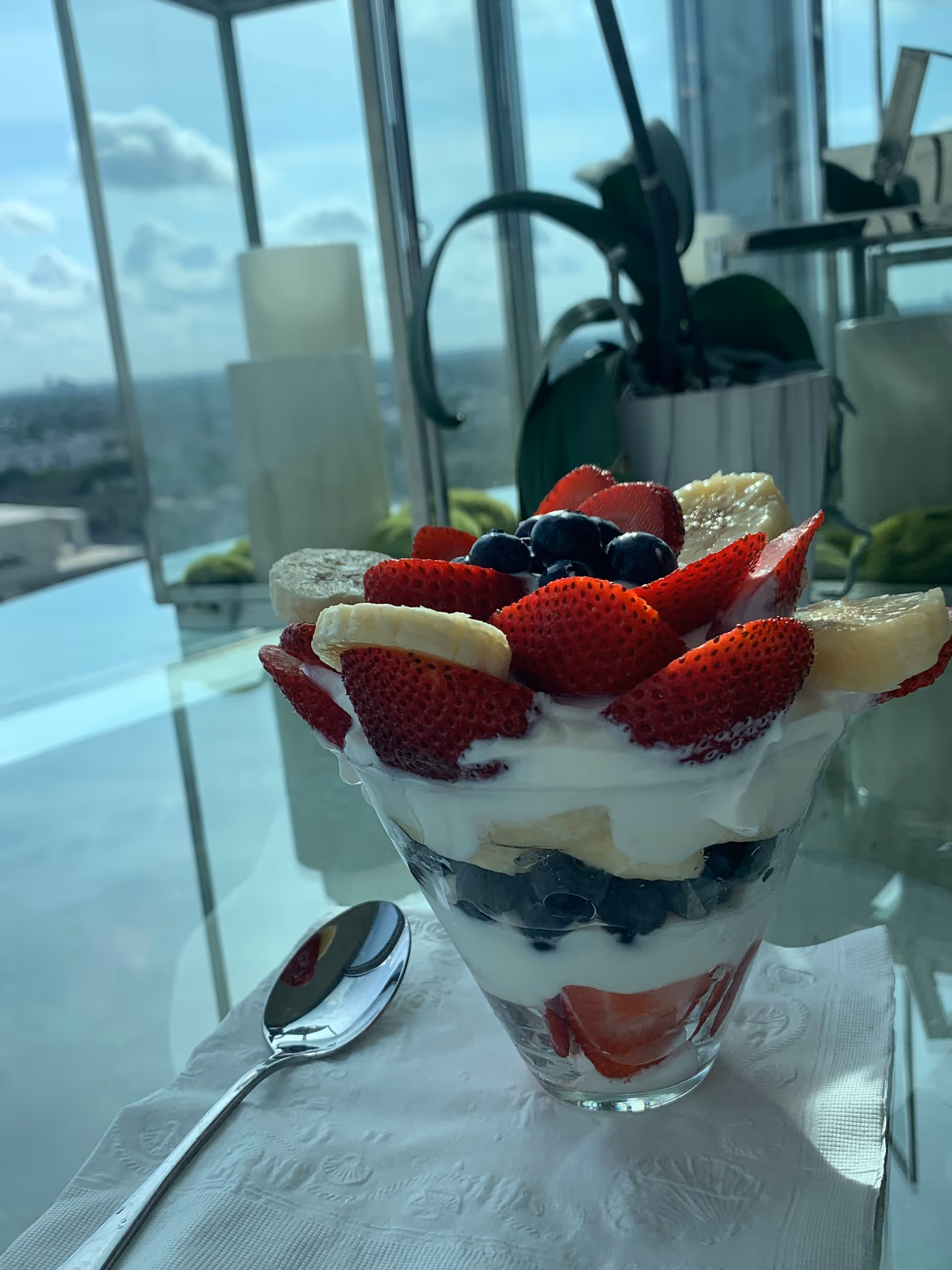 Parfait glass layered with yogurt and berries on a napkin by a sunny window.