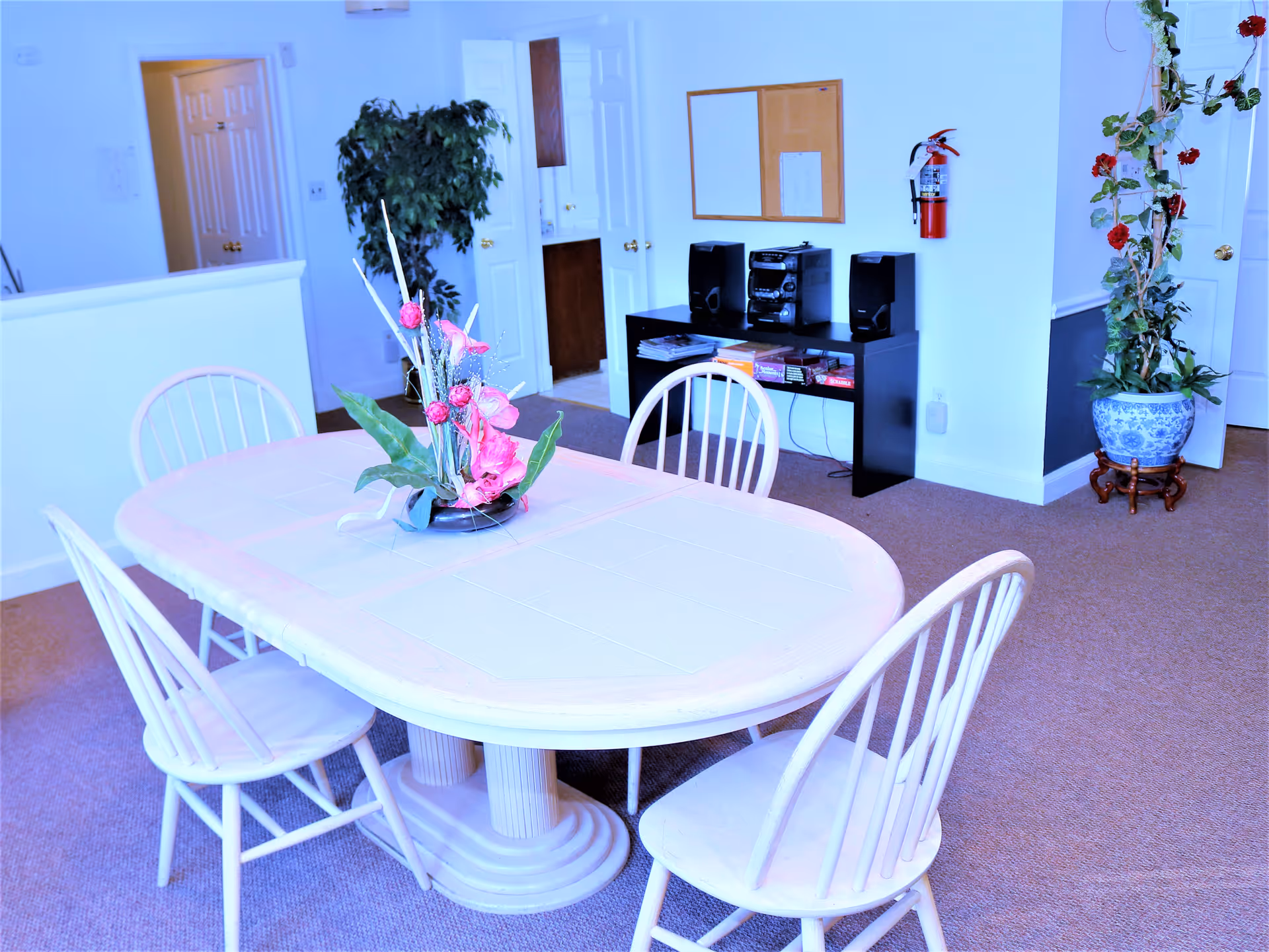 A dining table with four chairs and a floral centerpiece in a senior living common area with plants and a stereo on a shelf.