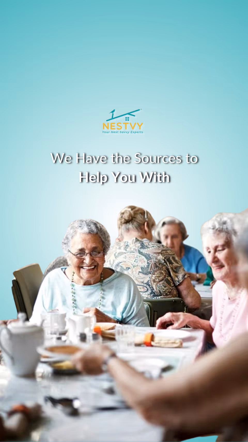 Elderly seniors dining together at a table with Nestvy logo on a teal gradient background.