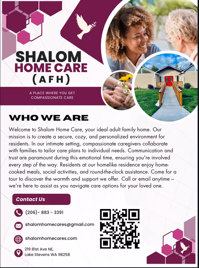 Shalom Home Care promotional flyer showing a house exterior, two people, and text.