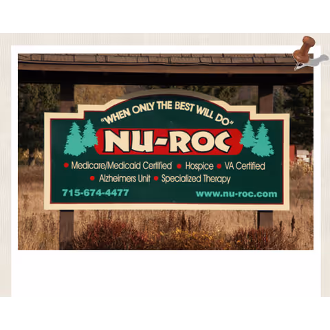 Outdoor sign for Nu-Roc Community Healthcare with service highlights and contact details.