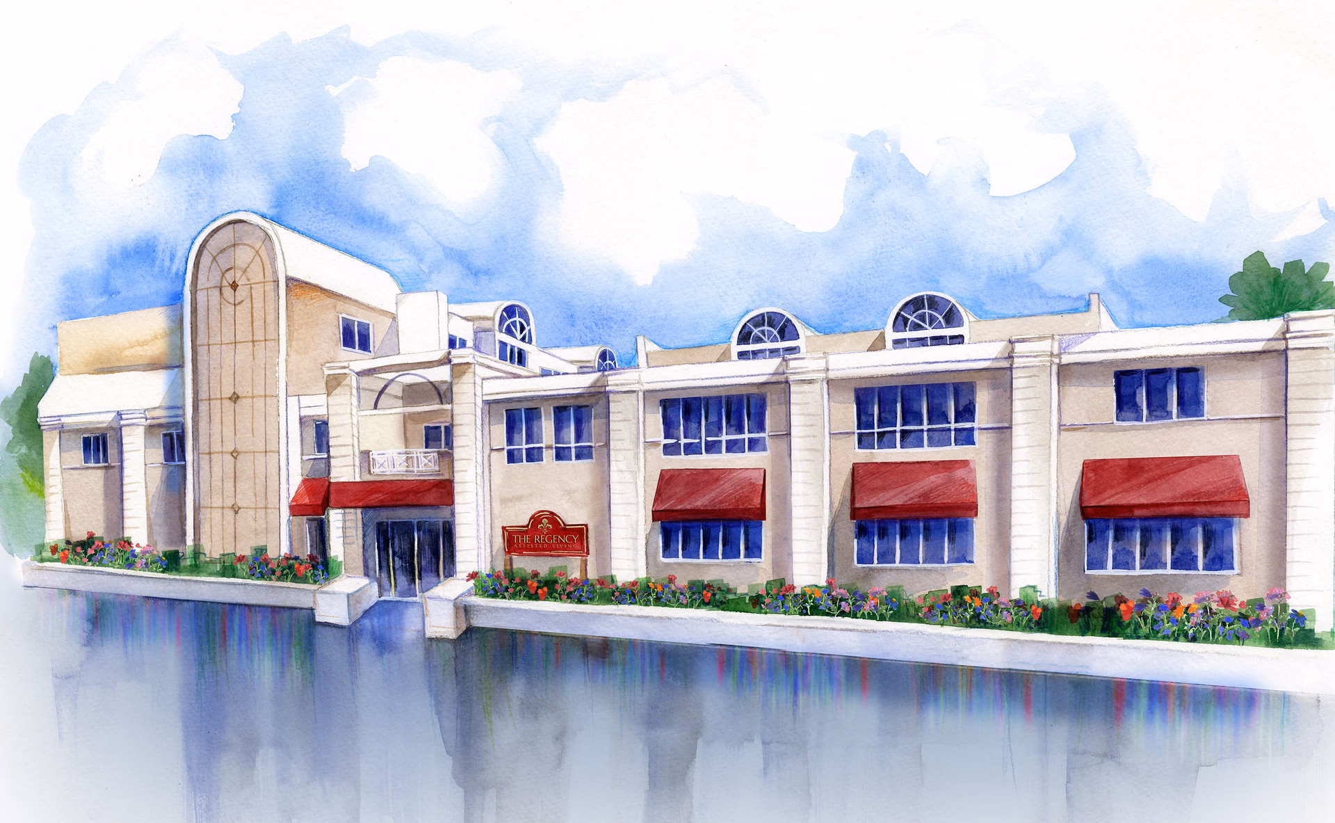Watercolor illustration of a two-story senior living facility building with beige walls, red awnings over the windows, and a sign that reads 'The Regency'. The building is surrounded by colorful flowers and greenery under a partly cloudy blue sky.