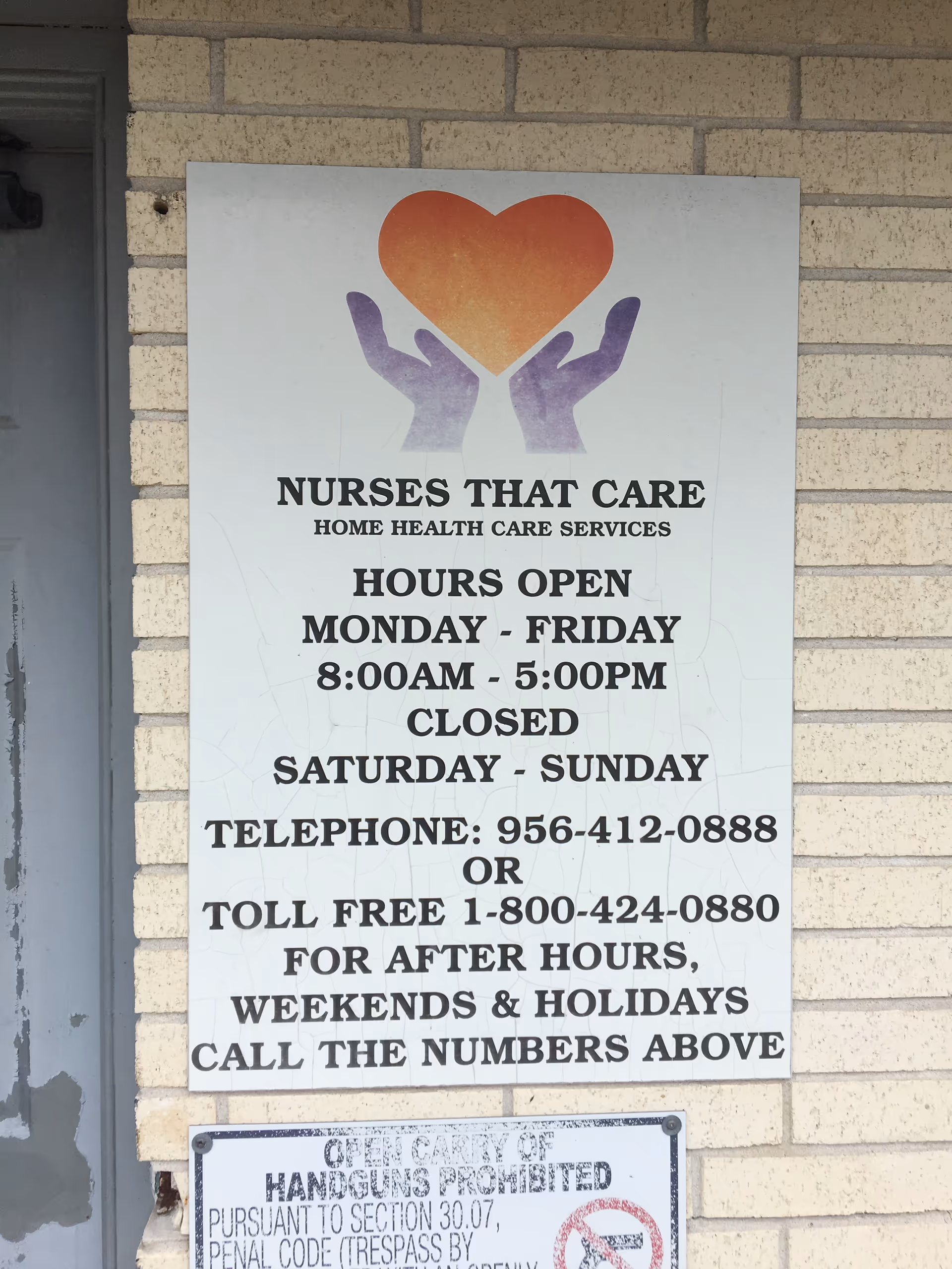 Exterior brick wall with a large sign for Nurses That Care and contact hours.