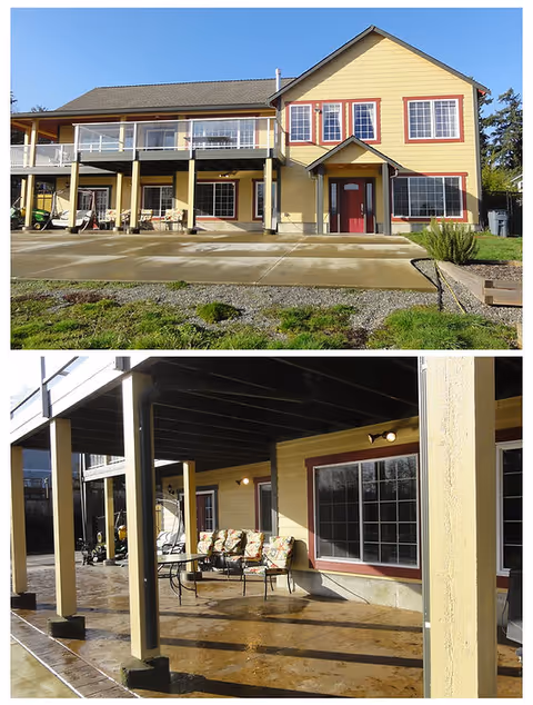 Two-story yellow-beige senior living facility with front entrance and covered outdoor seating.