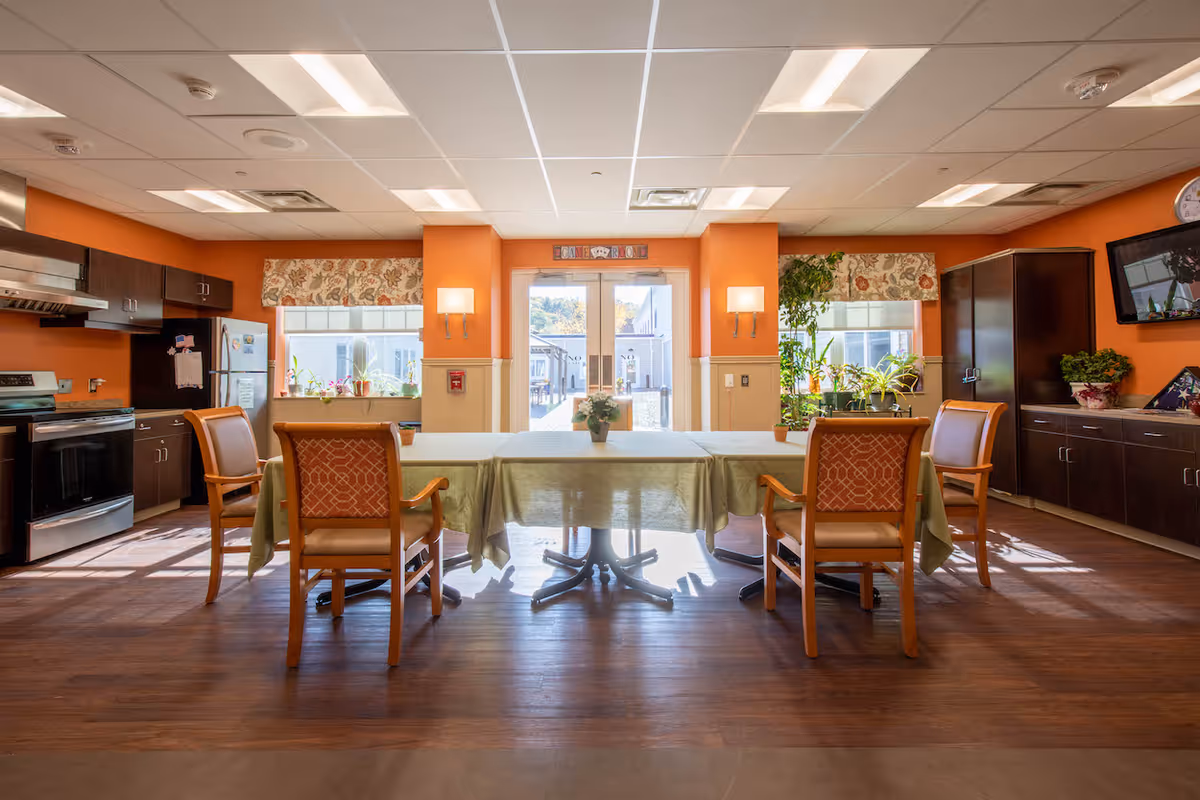 A bright and spacious kitchen and dining area with orange walls and wooden flooring. The room features a stainless steel stove and refrigerator on the left, dark wooden cabinets, a table covered with a green tablecloth surrounded by four wooden chairs with orange patterned cushions. There are two windows with floral valances and several potted plants on the windowsills and cabinets. Double glass doors at the back lead to an outdoor area, allowing natural light to fill the room.