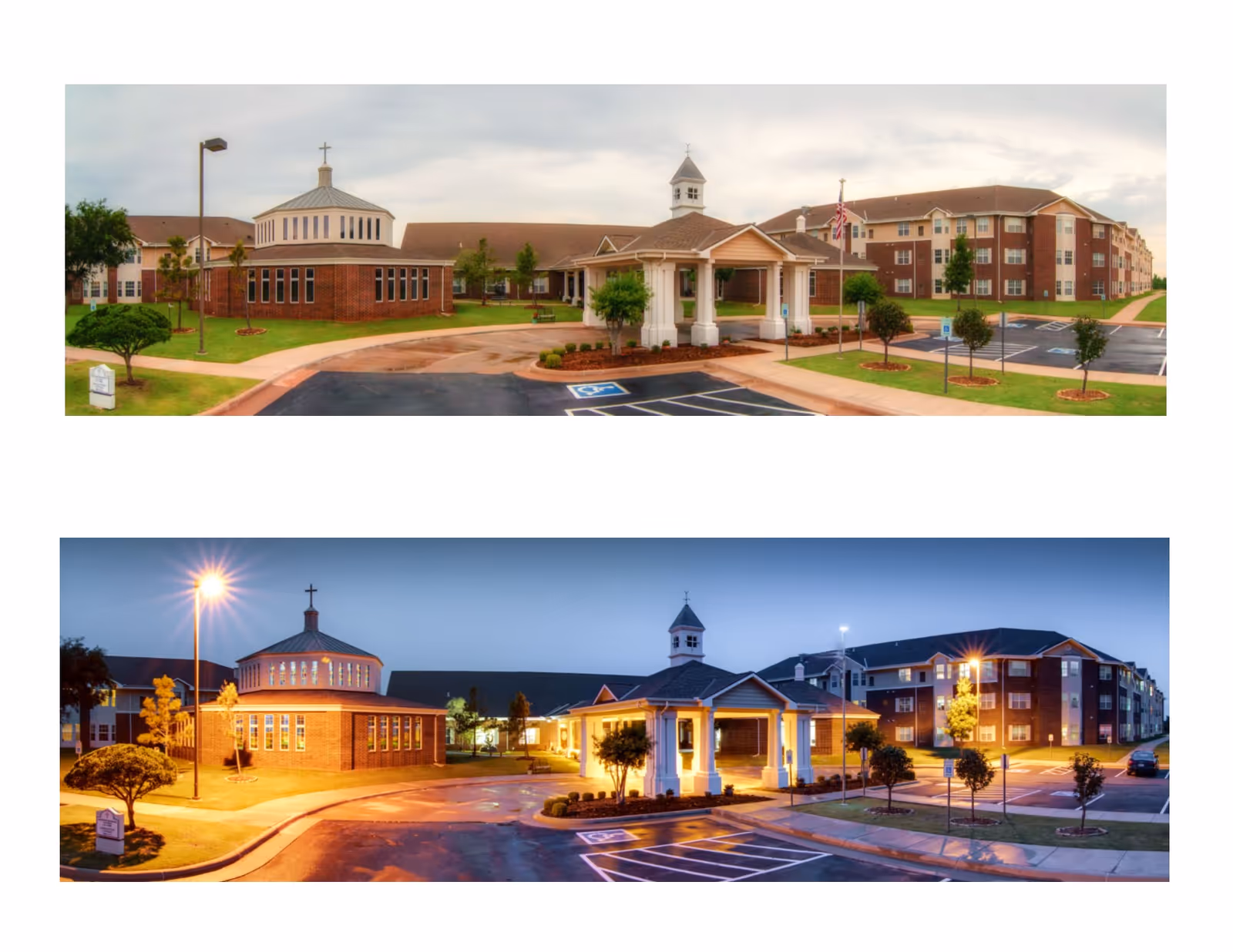 Panoramic exterior view of Saint Ann Retirement Center with parking, entrance, and landscaping.