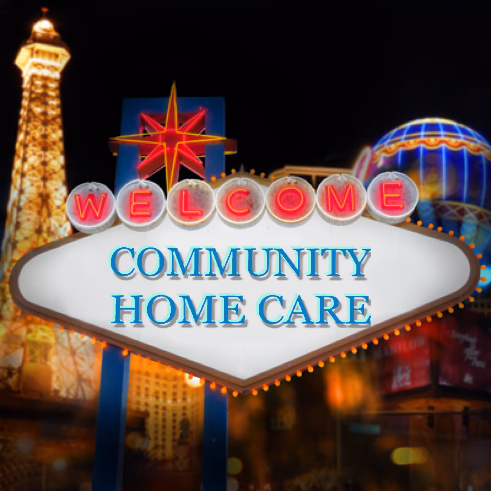 Nighttime exterior neon sign reading Community Home Care with bright decorative lights.
