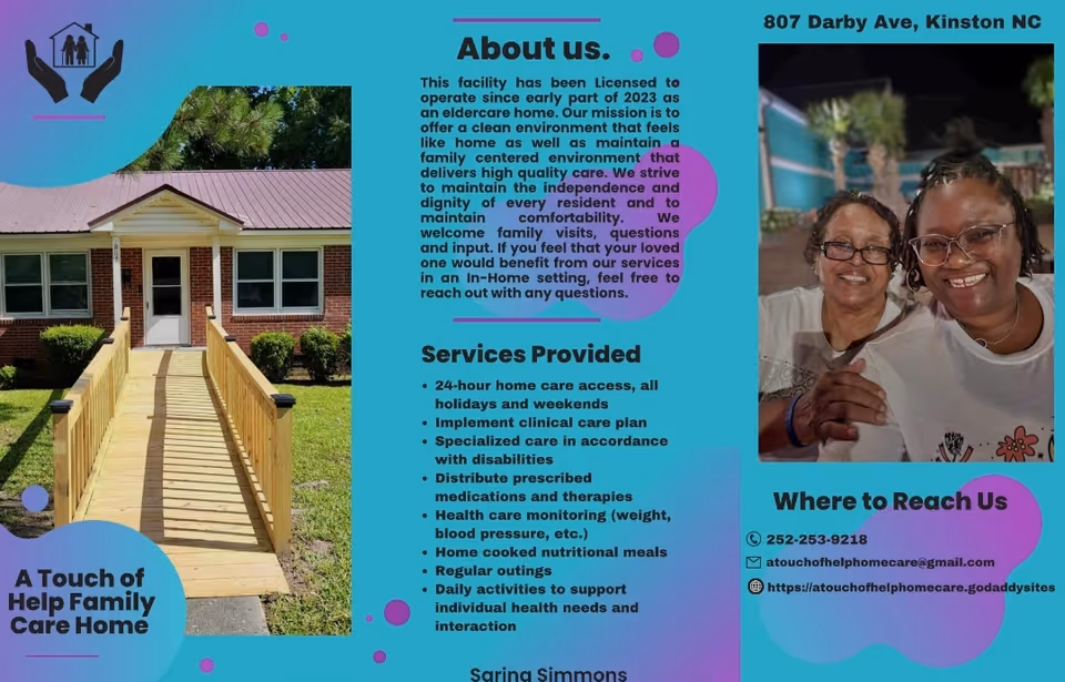 Tri-panel brochure showing a brick senior care home exterior with a wooden ramp and smiling people.