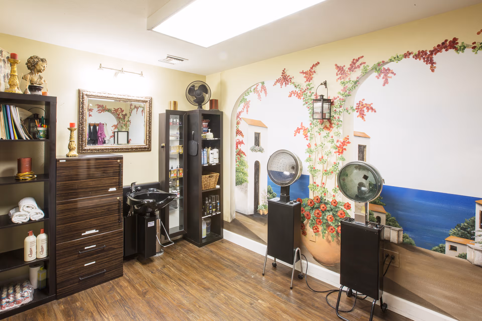 Interior view of a hair salon area in a senior living facility with wooden flooring, a mural of a Mediterranean-style scene with flowers and buildings on the wall, two black hair drying chairs, a black sink for washing hair, shelves with hair care products, and a decorative mirror on the wall.