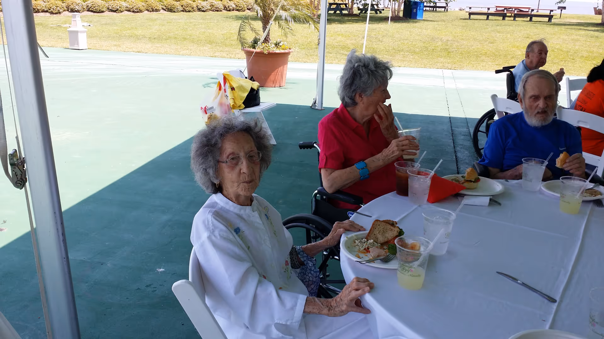 Three elderly individuals sitting at a round table outdoors under a canopy, eating and drinking. One woman in a white top is seated closest to the camera, another woman in a red shirt is in a wheelchair, and a man in a blue shirt is also seated at the table. The table is covered with a white tablecloth and has plates with sandwiches and drinks. In the background, there is grass, a potted plant, and picnic tables.