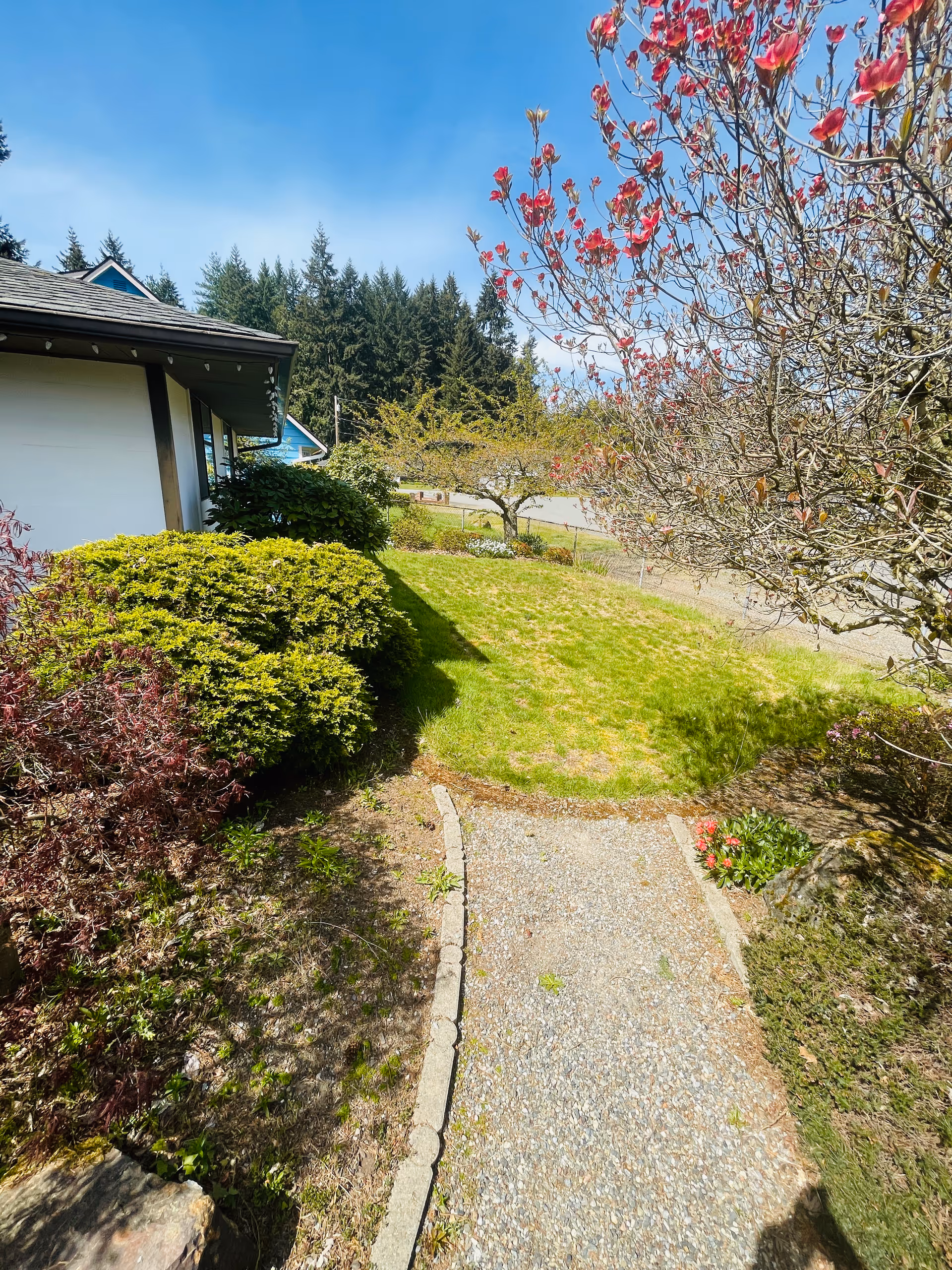 A winding gravel walkway through a landscaped garden beside a white facility building under blue sky.