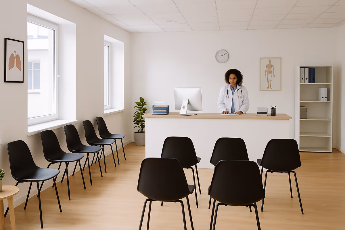 A doctor stands behind a reception desk in a bright waiting room with black chairs.