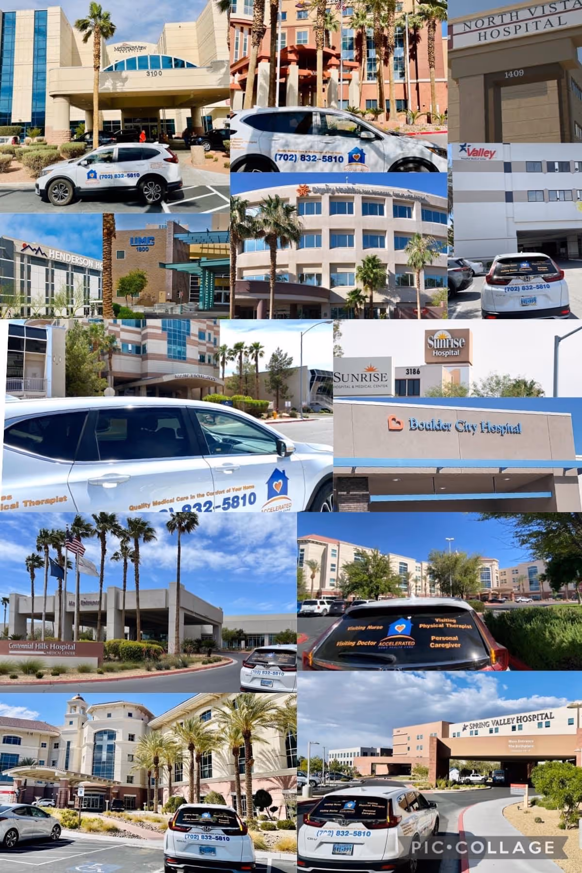 Collage of various healthcare facility exteriors with parked cars and palm trees