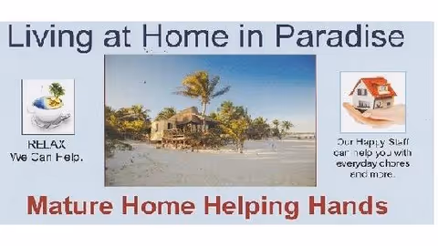 Banner advertisement for Mature Home Helping Hands featuring a tropical beach-house exterior