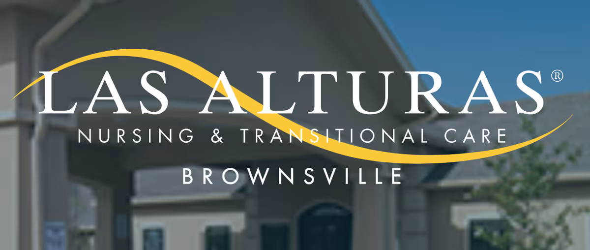 Entrance of a nursing facility with a large 'Las Alturas Nursing & Transitional Care Brownsville' logo overlaid across the image.