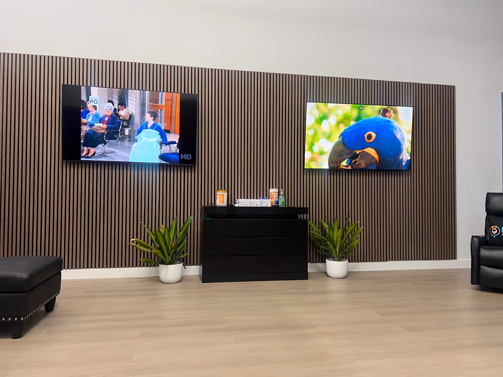 Indoor lounge with wooden slat wall, two mounted TVs, and planters beside a black console.