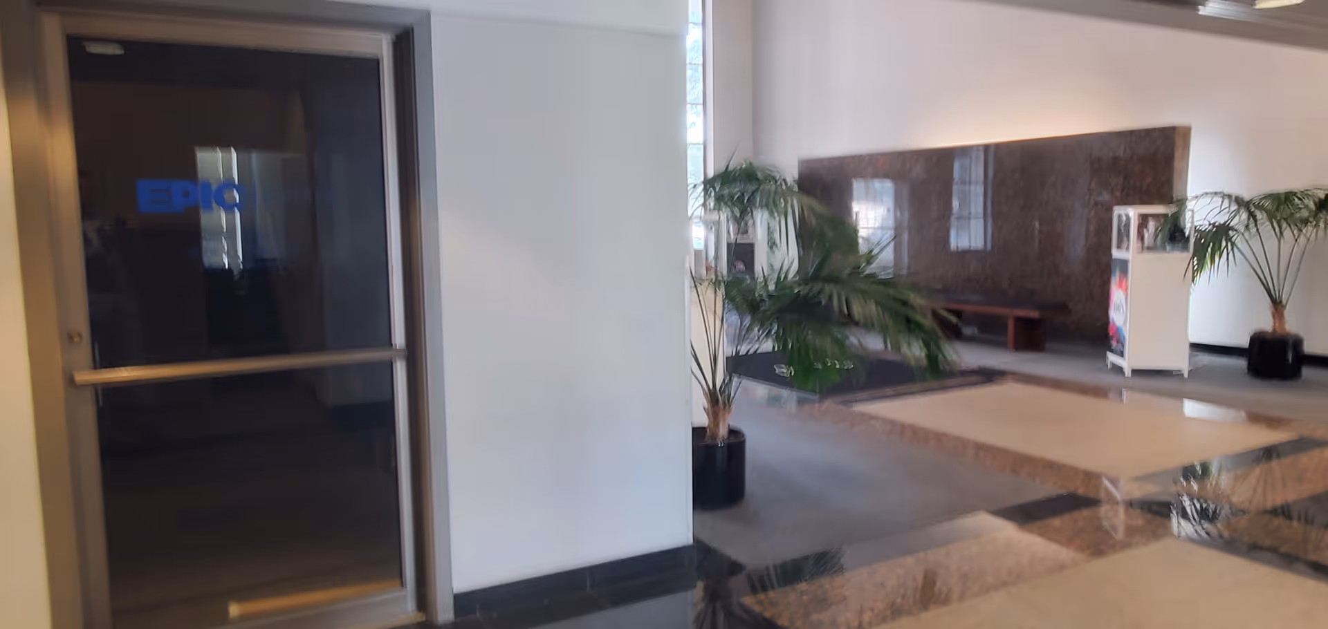 Indoor lobby area with palm plants, marble floors, and a glass door labeled EPIC.