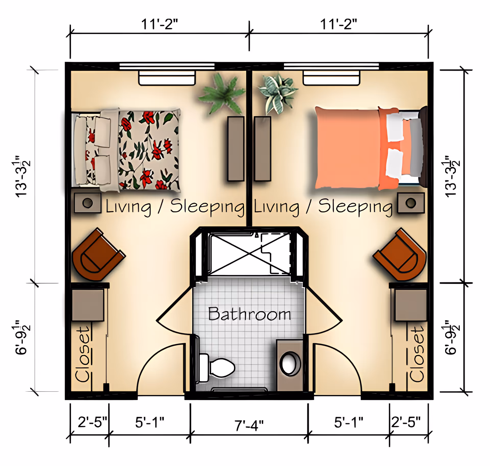 Floor plan of a living/sleeping area with two separate rooms, each containing a bed, a chair, a closet, and a small table. The two rooms share a centrally located bathroom with a toilet and sink. Dimensions of each room and the bathroom are marked around the perimeter.