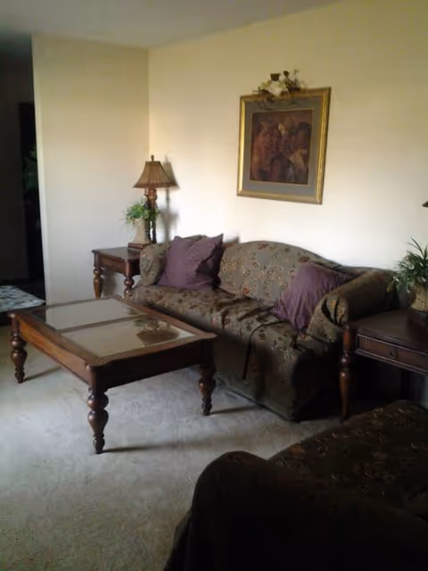 Living room with patterned sofa, glass coffee table, lamps, and framed painting.