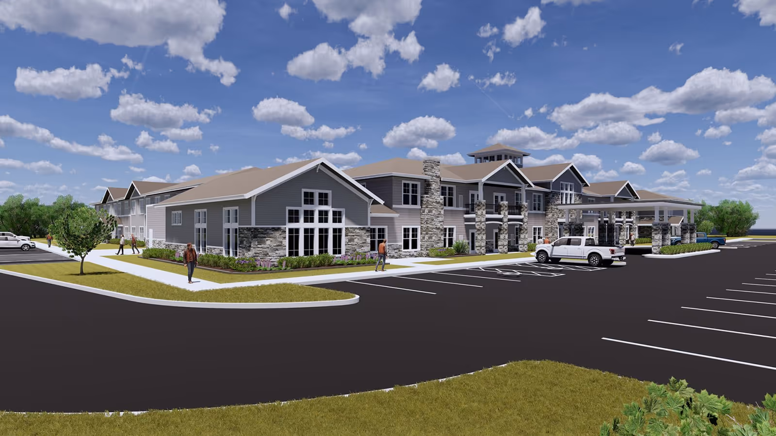 Exterior view of a two-story senior living facility with stone accents, a parking lot, and people walking under a blue sky.