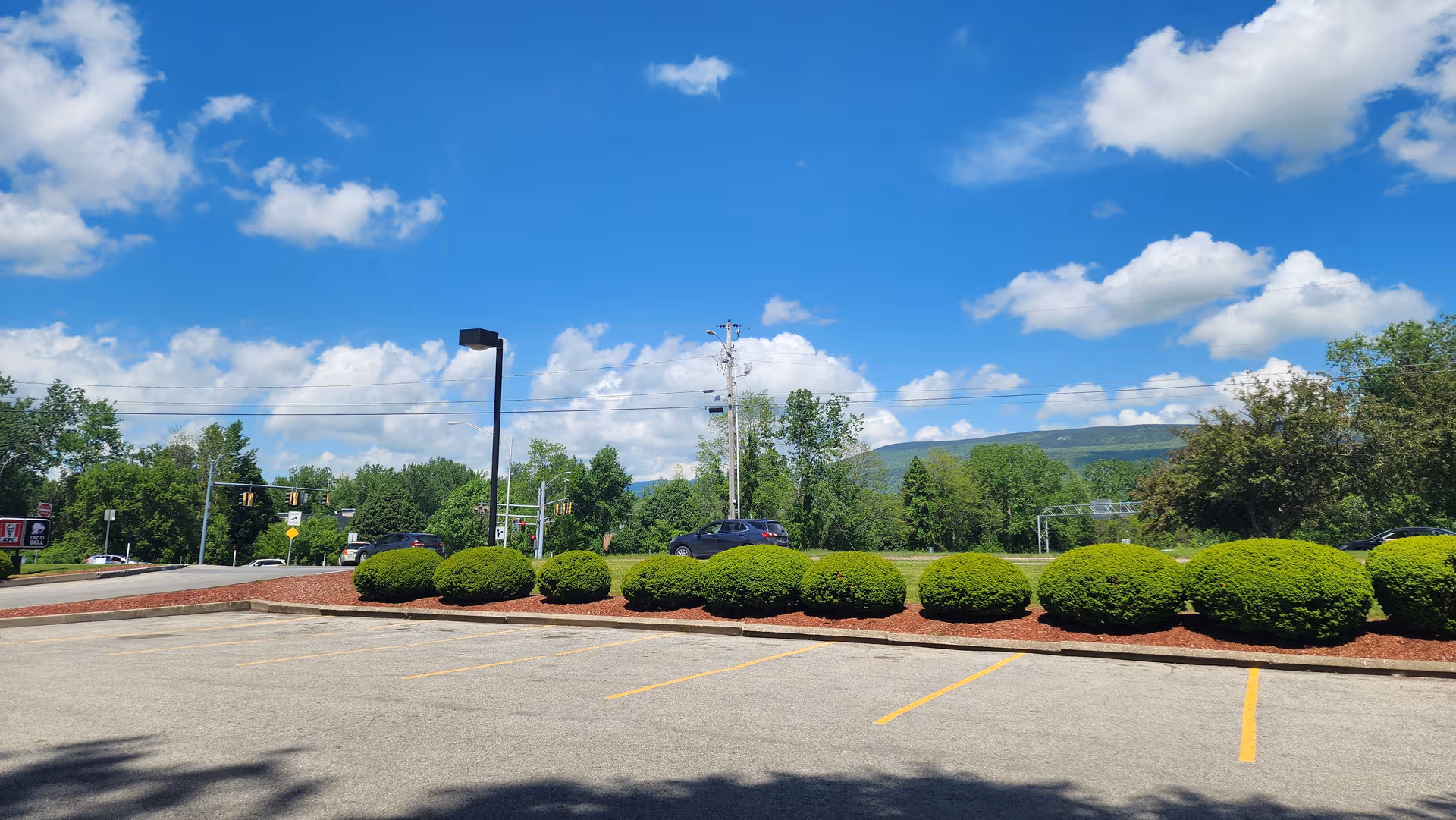 Outdoor parking lot with rounded shrubs, blue sky, and distant hills.