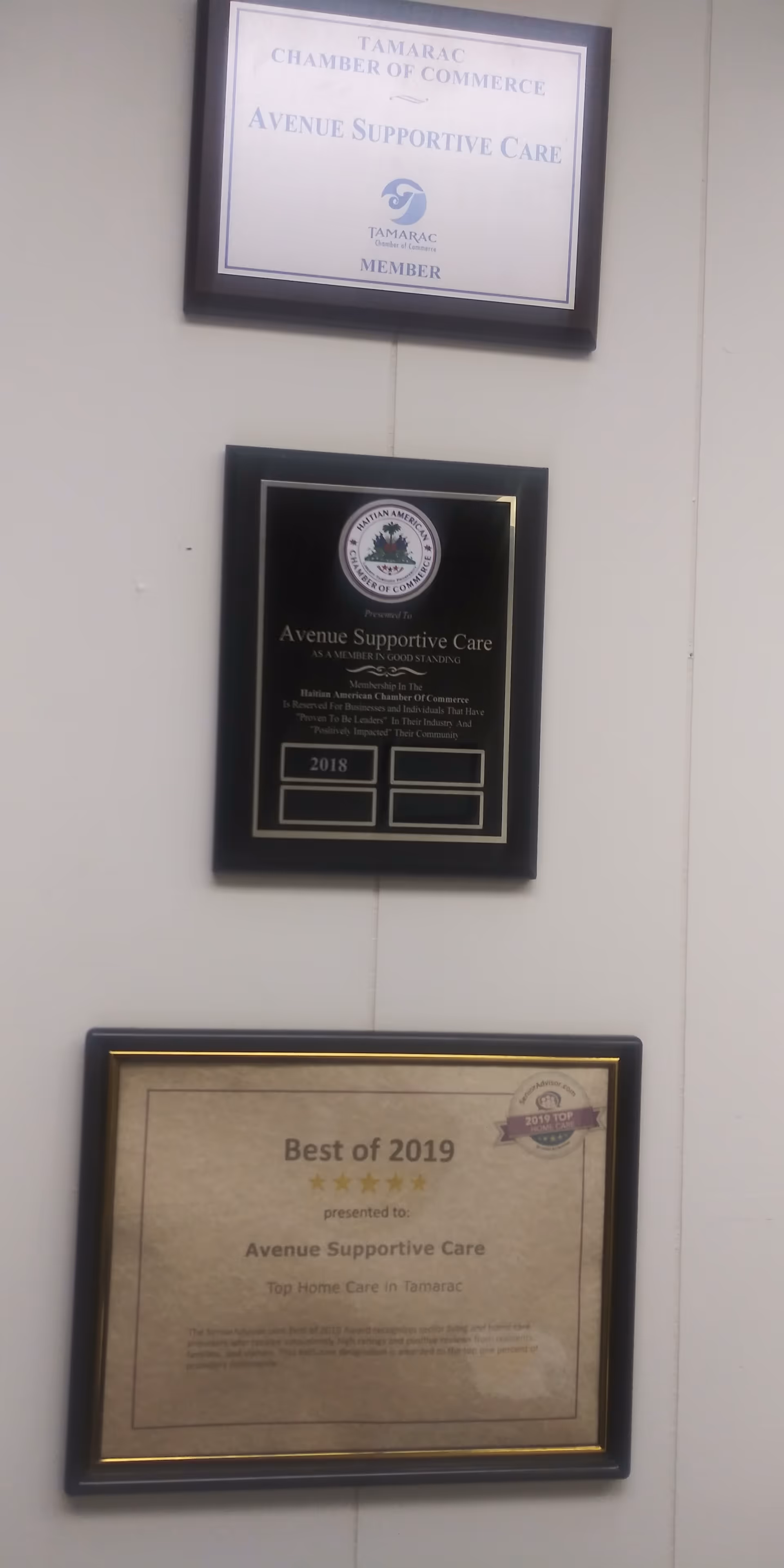 Three framed awards mounted on a light wall, recognizing Avenue Supportive Care.