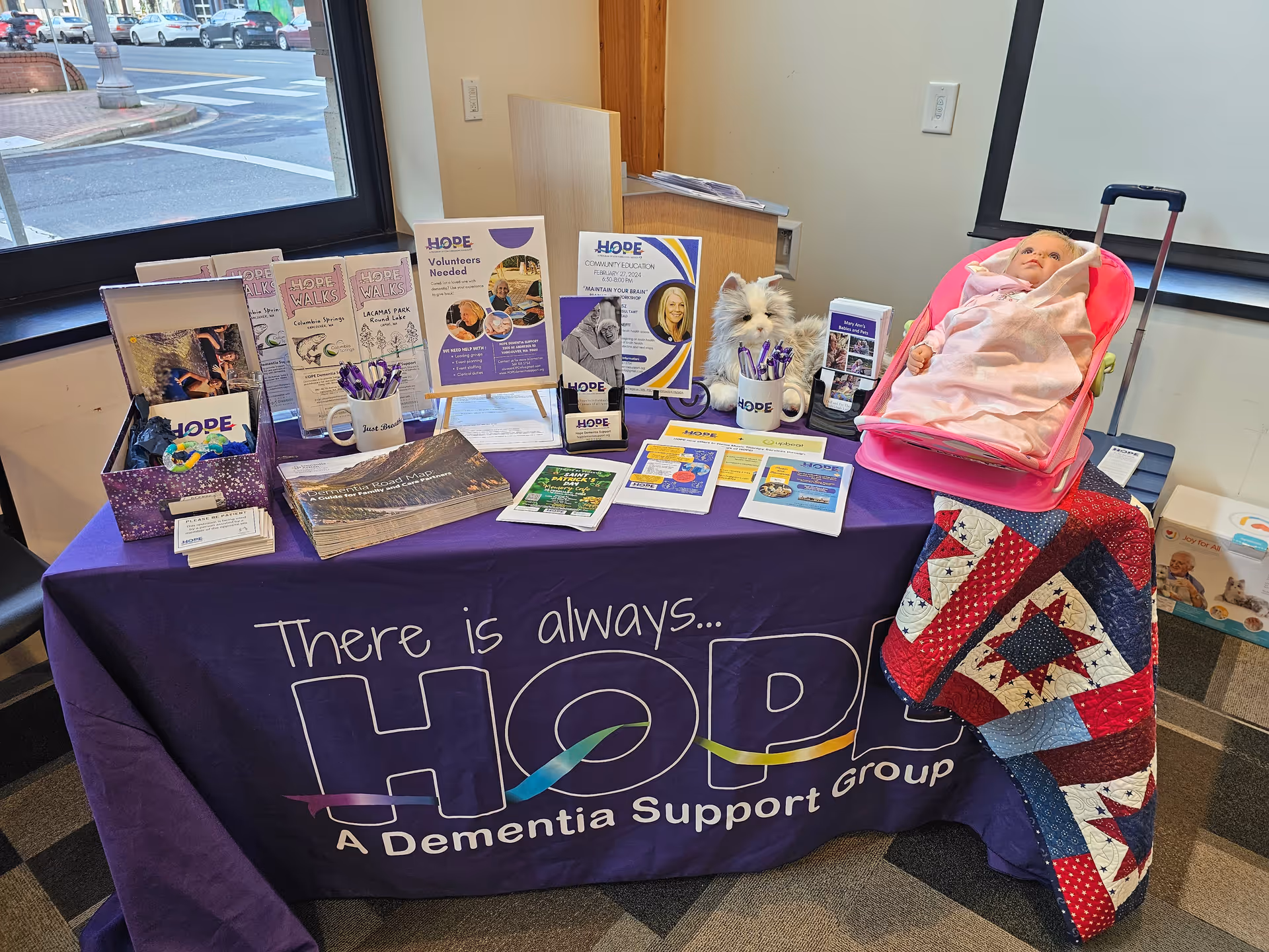Indoor display table for HOPE dementia support group materials.