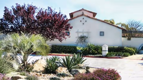 Exterior view of a white Sunland Home Foundation building with desert landscaping and a driveway.