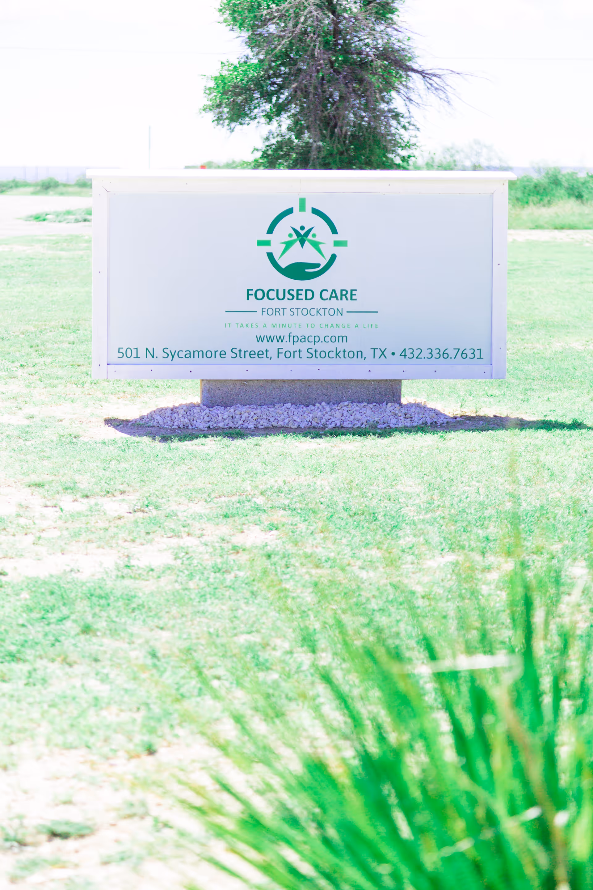 Outdoor sign for Focused Care at Fort Stockton, displaying the facility's logo, website www.fpacp.com, address 501 N. Sycamore Street, Fort Stockton, TX, and phone number 432.336.7631, set on a grassy area with a tree in the background.