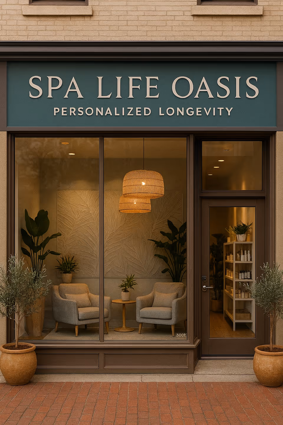 Spa Life Oasis storefront shows seating area visible through large glass windows.