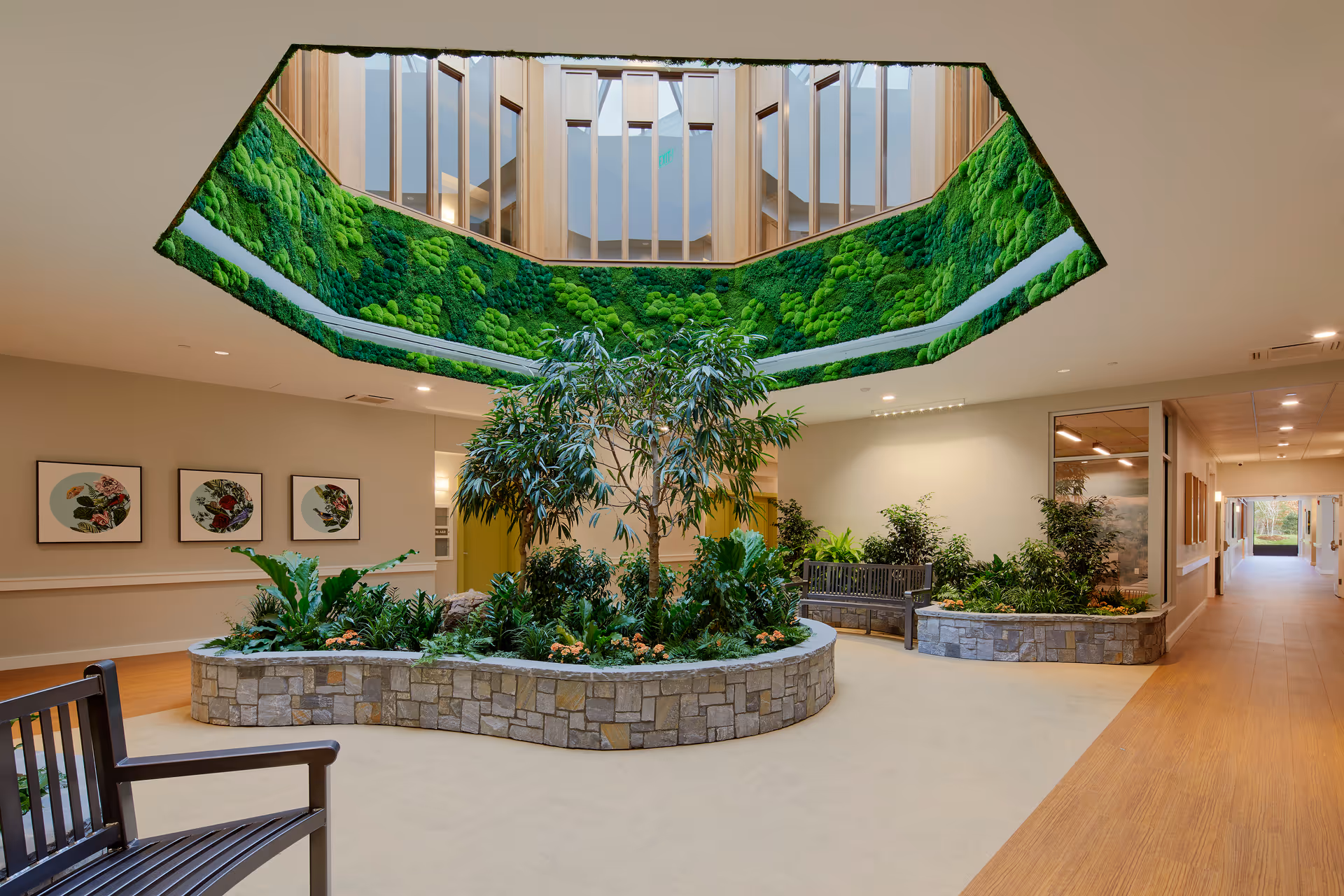 Indoor senior living lobby with circular garden planters, greenery, seating, and a skylight atrium.