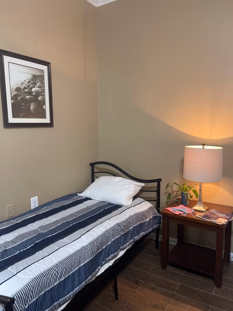 A single bed with striped bedding, a nightstand, lamp, plant, and wall art.