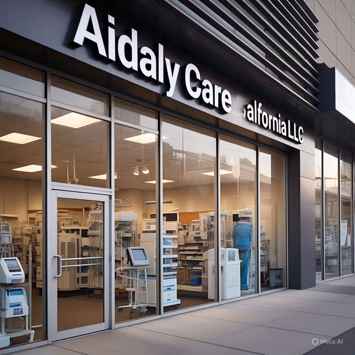 Exterior storefront labeled Aidaly Care California LLC with medical equipment visible through glass