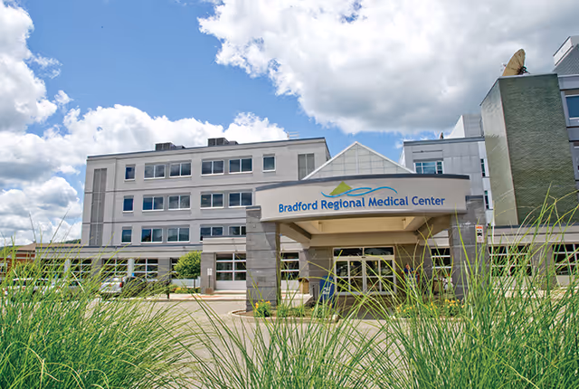 Exterior view of Bradford Regional Medical Center with a covered front entrance.